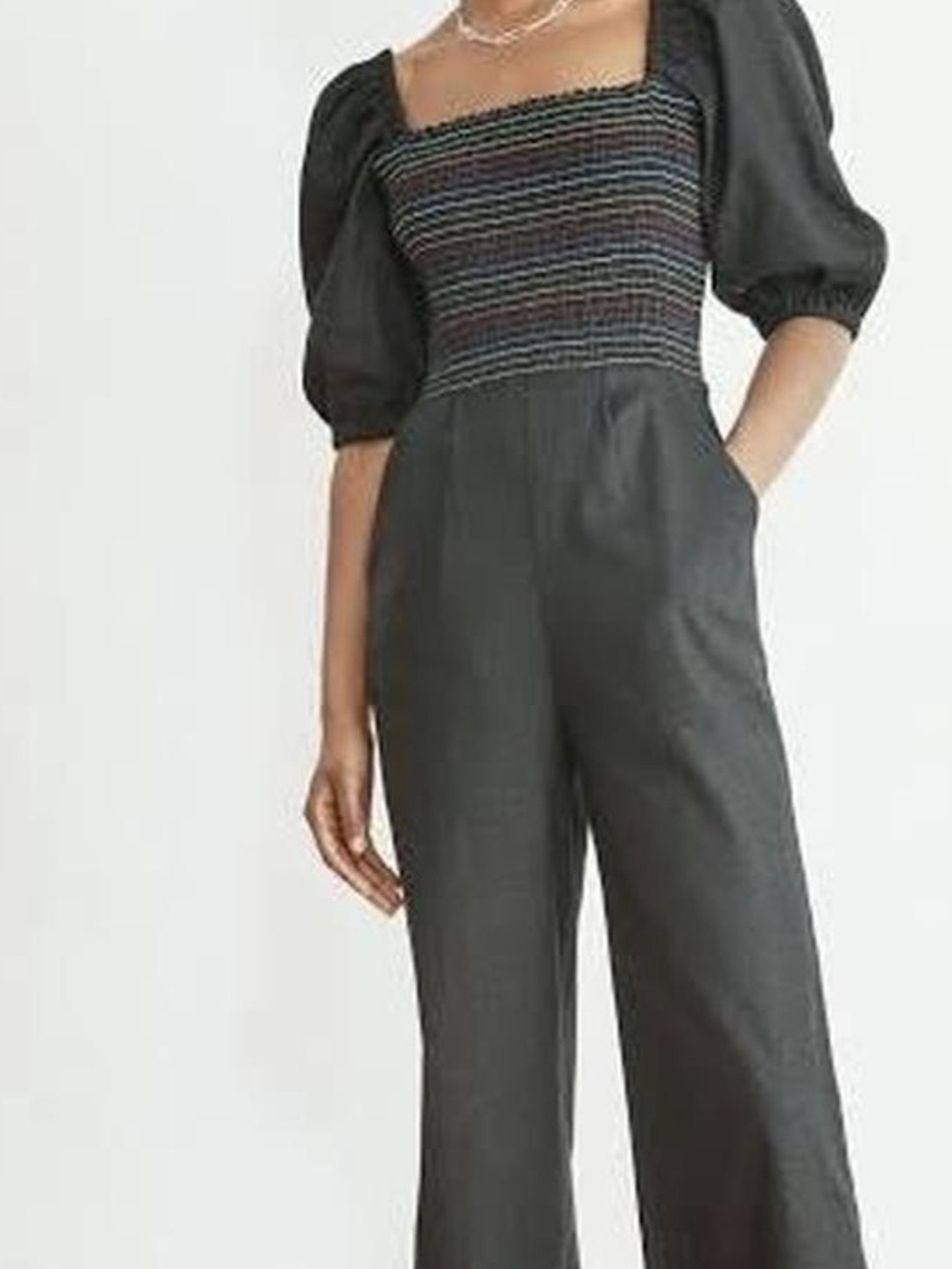 Something Navy Black Smocked Square-Neck Jumpsuit with Puff Elbow Sleeves